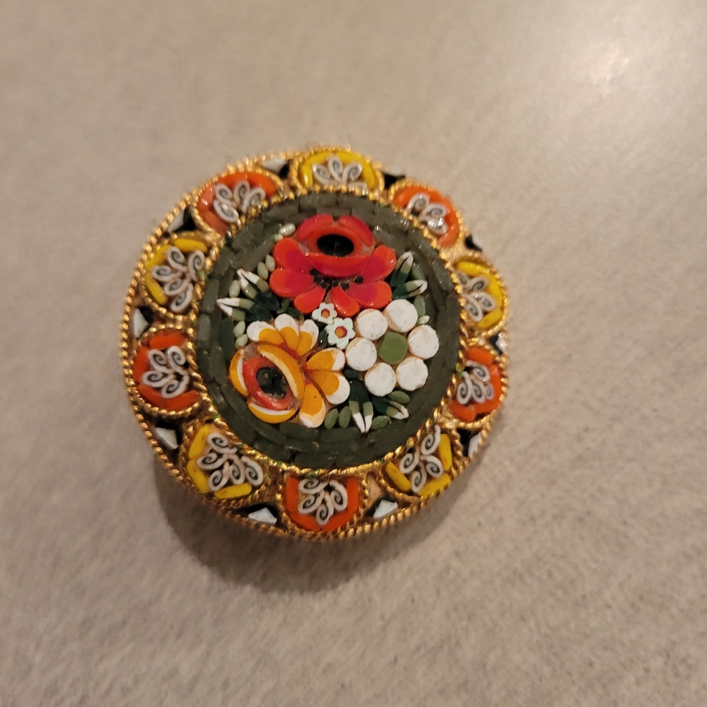 Floral Micro Mosaic Brooch with Gold Accents ITALY